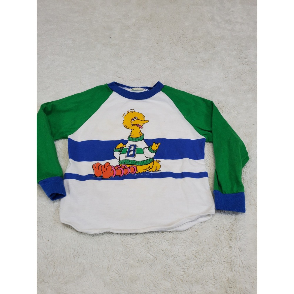 Vintage Sesame Street Green White Big Bird Shirt Top Boy Girl 4T Toddler Retro